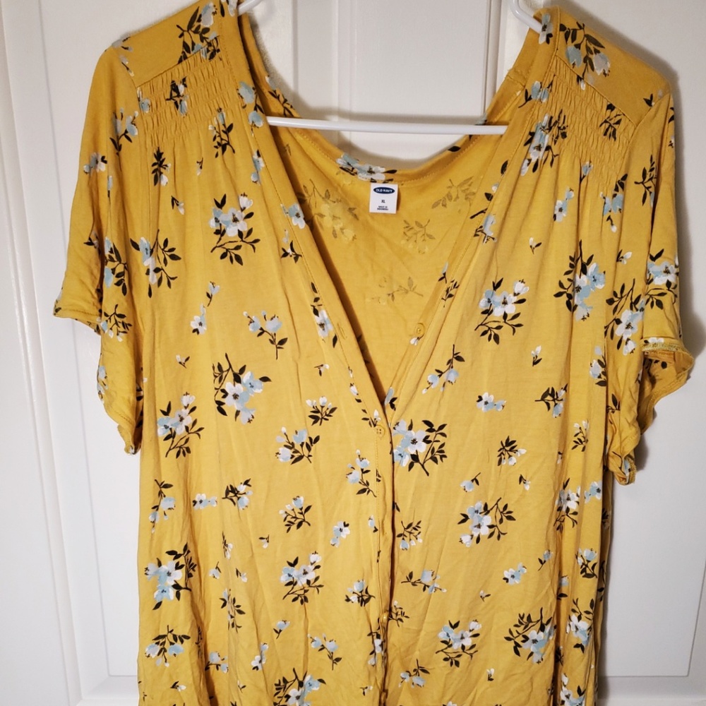 Yellow Button Down Over Shirt with Blue Flowers